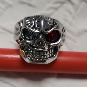 Silver Skull Ring with Red Gemstone